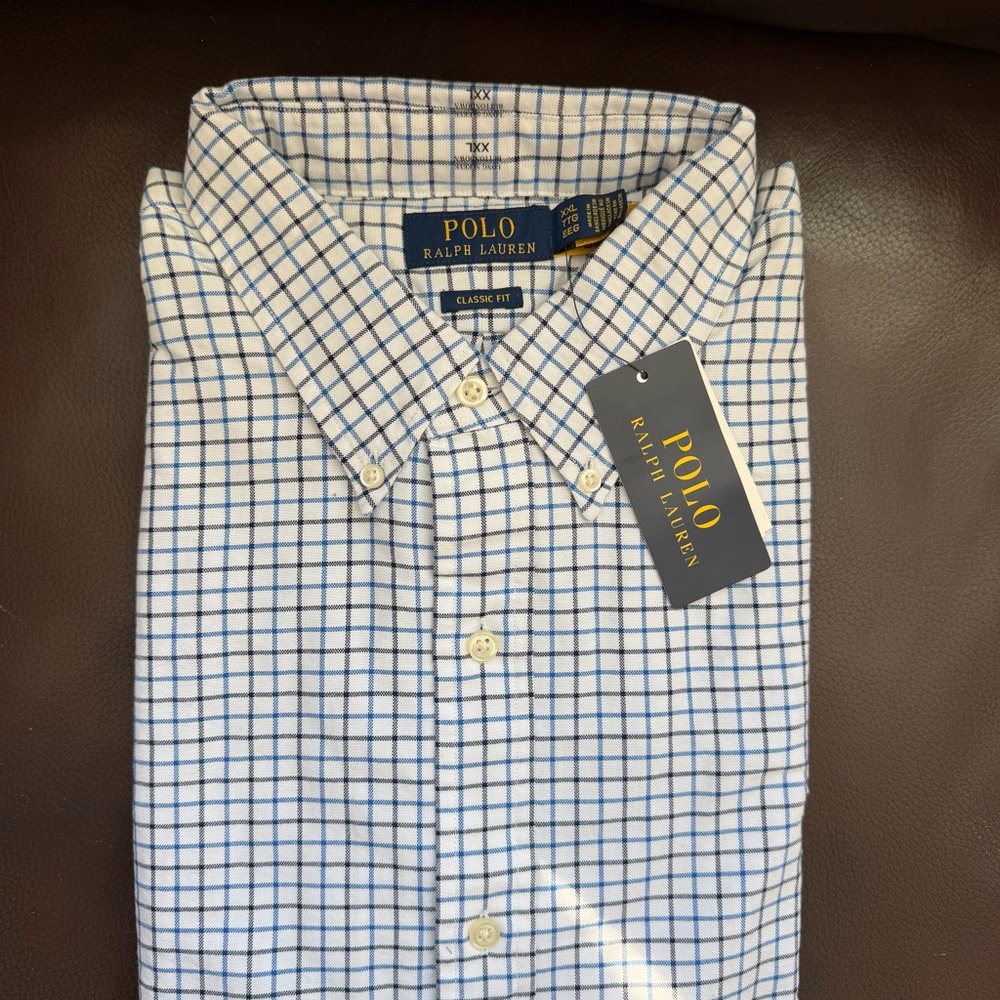 Ralph Lauren Men's White and Blue Checkered Shirt
